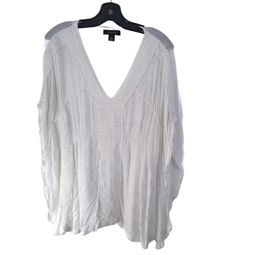 Atmosphere White Boho Chic Style V-Neck Wide Sleeves Pull-Over Blouse, M